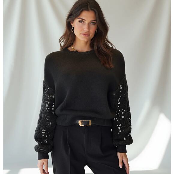 Cotton by Autumn Cashmere Black Sweater, Crochet Knit Sleeve, Fall Winter Top, S - Picture 1 of 4